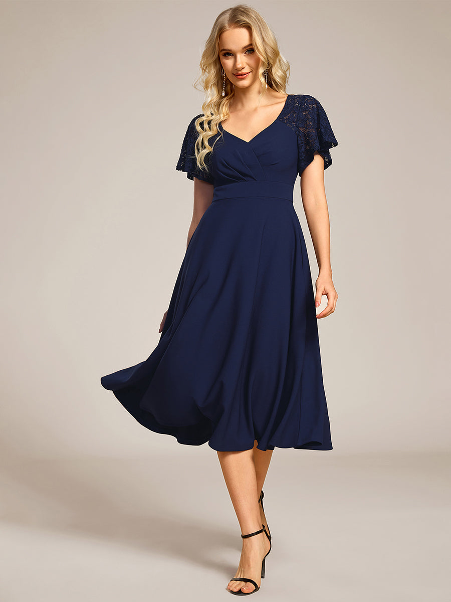 Robe d'invité de mariage mi-longue à col en cœur et manches courtes ajourées avec poches #Couleur_Bleu Marine