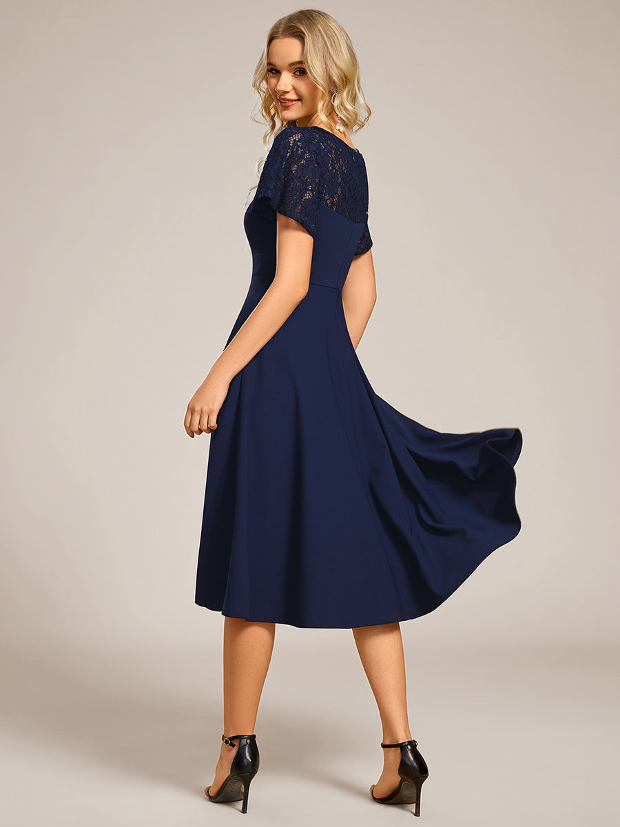 Robe d'invité de mariage mi-longue à col en cœur et manches courtes ajourées avec poches #Couleur_Bleu Marine