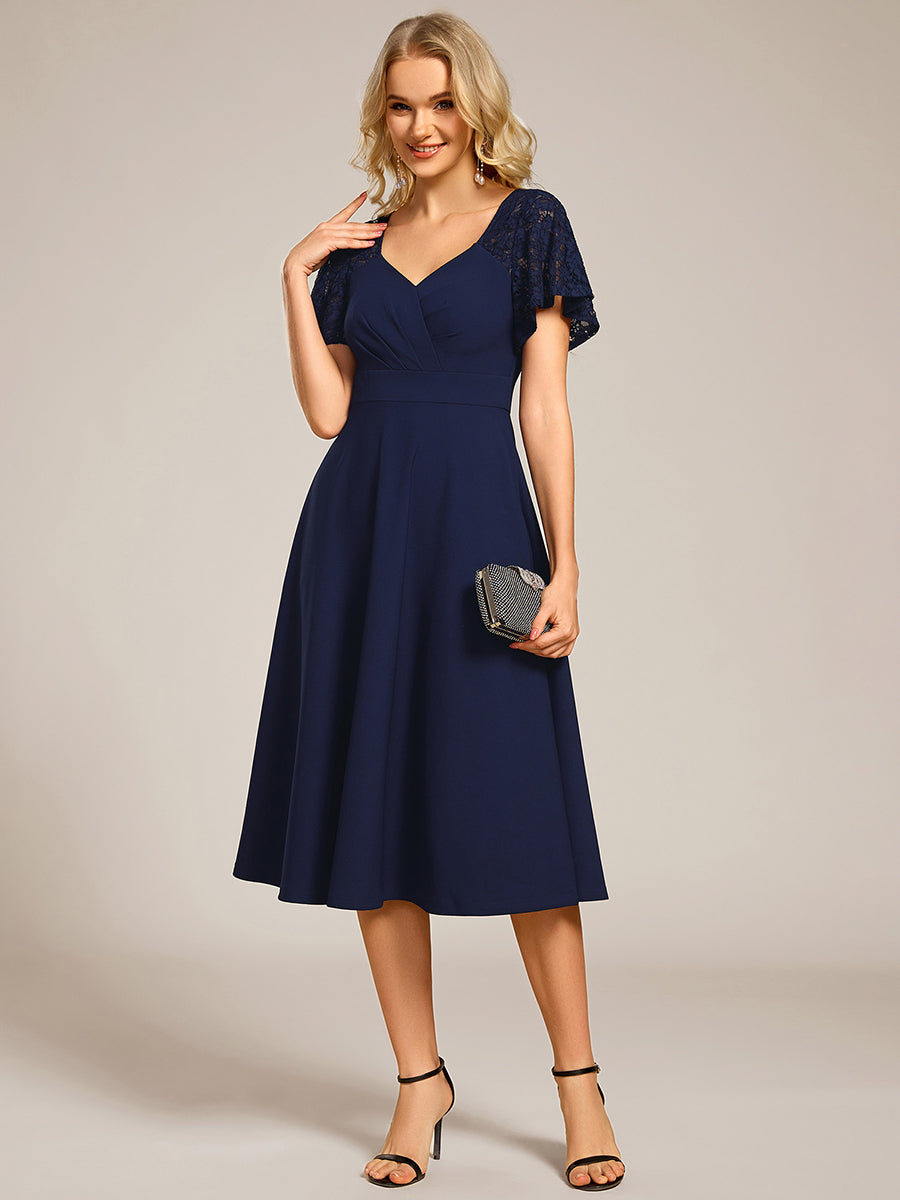 Robe d'invité de mariage mi-longue à col en cœur et manches courtes ajourées avec poches #Couleur_Bleu Marine