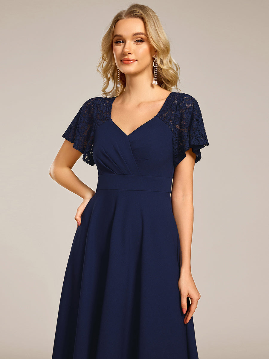 Robe d'invité de mariage mi-longue à col en cœur et manches courtes ajourées avec poches #Couleur_Bleu Marine