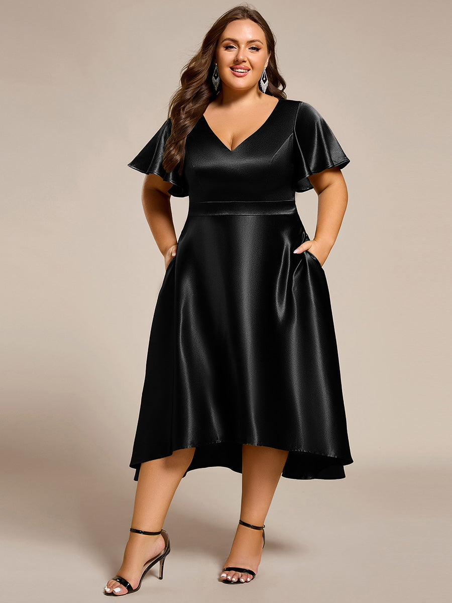Robe D'invité De Mariage En Mousseline De Soie Mi-Longue Plissée à Manches à Volants Et Col En V #Couleur_Noir