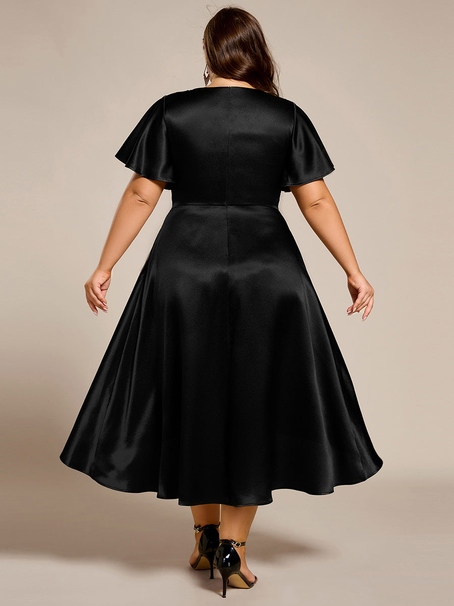 Robe D'invité De Mariage En Mousseline De Soie Mi-Longue Plissée à Manches à Volants Et Col En V #Couleur_Noir