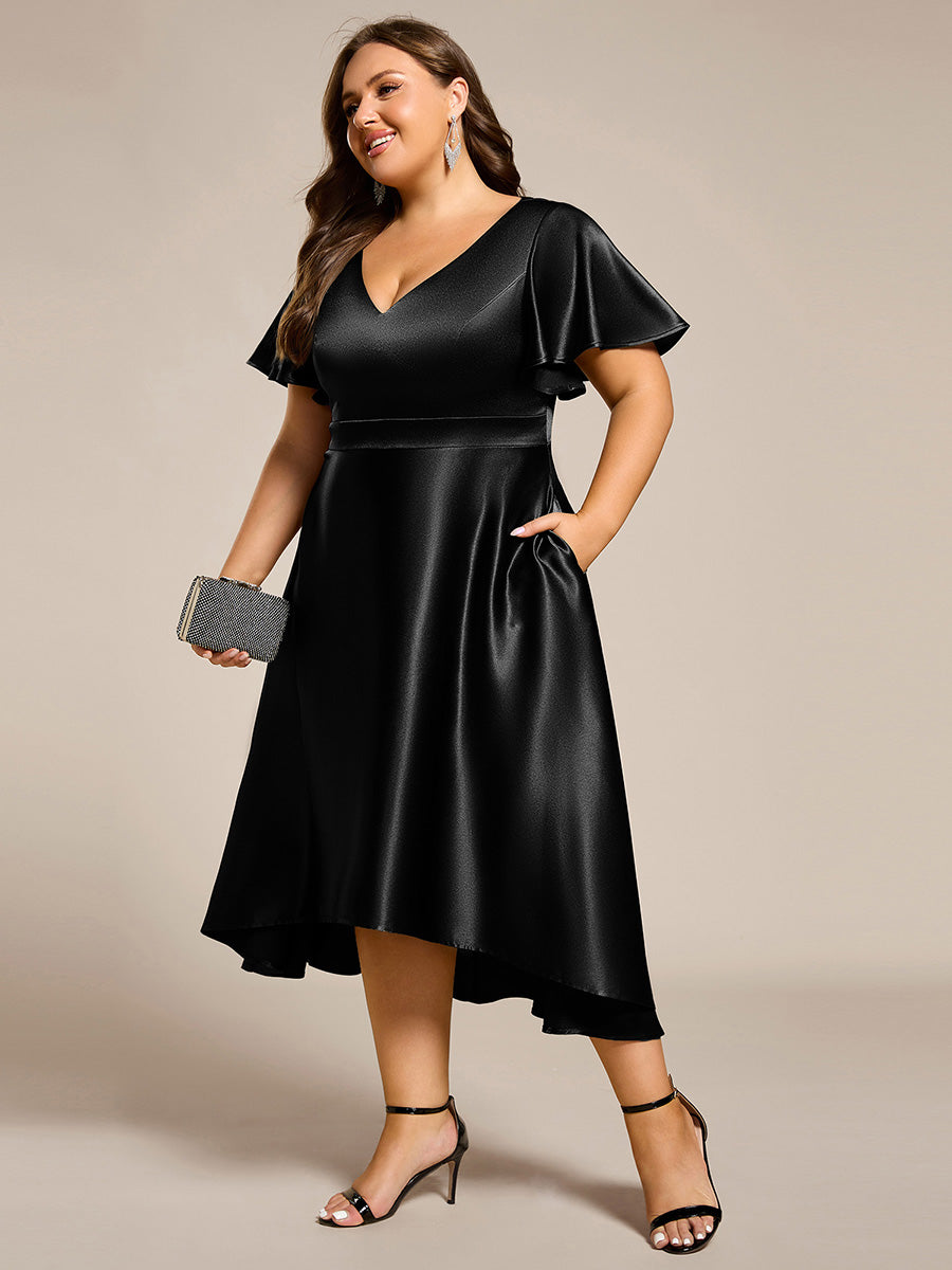 Robe D'invité De Mariage En Mousseline De Soie Mi-Longue Plissée à Manches à Volants Et Col En V #Couleur_Noir