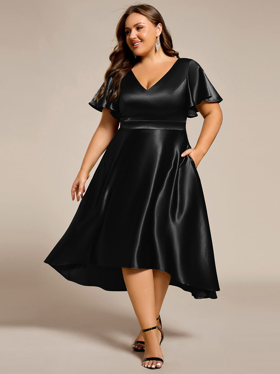 Robe D'invité De Mariage En Mousseline De Soie Mi-Longue Plissée à Manches à Volants Et Col En V #Couleur_Noir