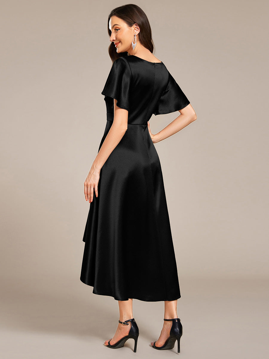 Robe D'invité De Mariage En Mousseline De Soie Mi-Longue Plissée à Manches à Volants Et Col En V #Couleur_Noir