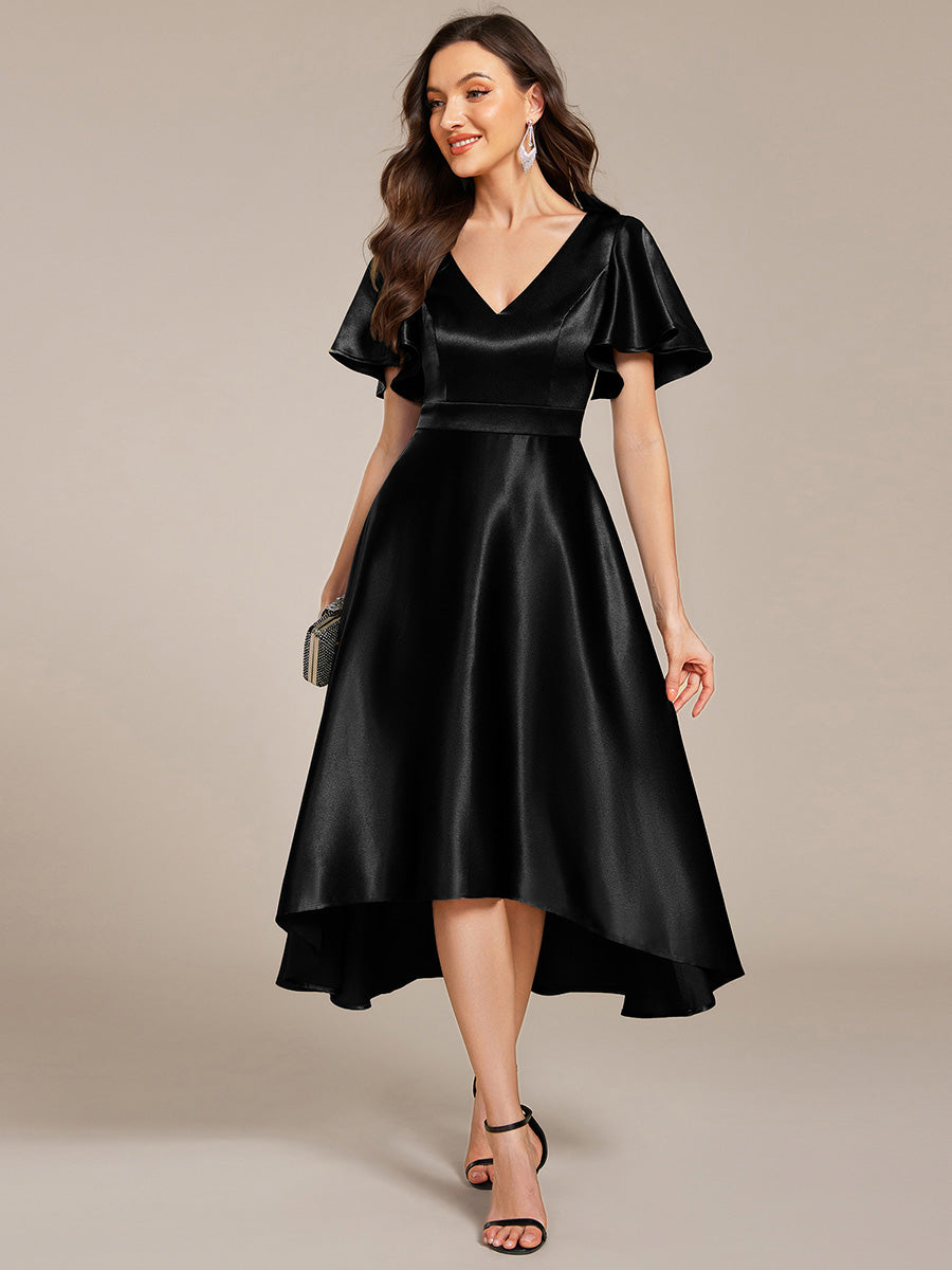 Robe D'invité De Mariage En Mousseline De Soie Mi-Longue Plissée à Manches à Volants Et Col En V #Couleur_Noir