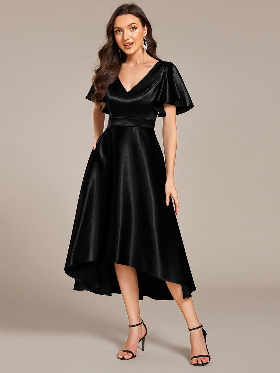 Robe D'invité De Mariage En Mousseline De Soie Mi-Longue Plissée à Manches à Volants Et Col En V #Couleur_Noir