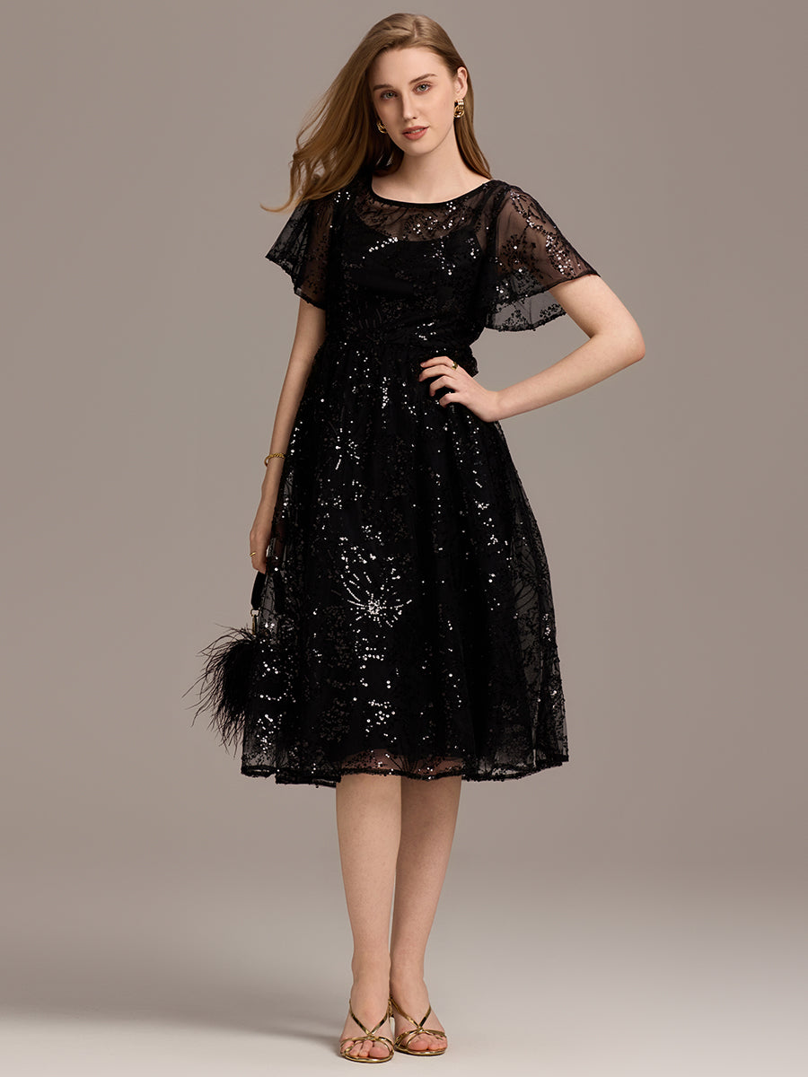 Robe d'invité de mariage trapèze en mousseline fluide à encolure ronde et longueur au genou #Couleur_Noir