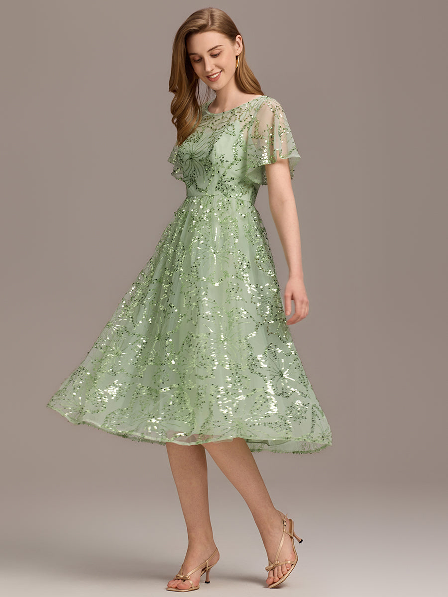 Robe d'invité de mariage trapèze en mousseline fluide à encolure ronde et longueur au genou #Couleur_Menthe Verte