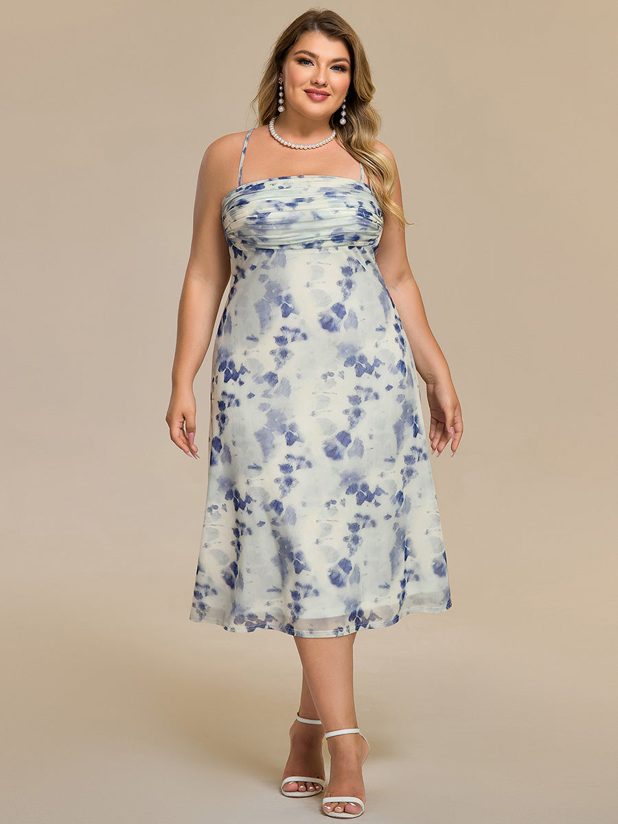 Robe d'invité de mariage trapèze en mousseline fluide à encolure ronde et longueur au genou #Couleur_Floral Bleu