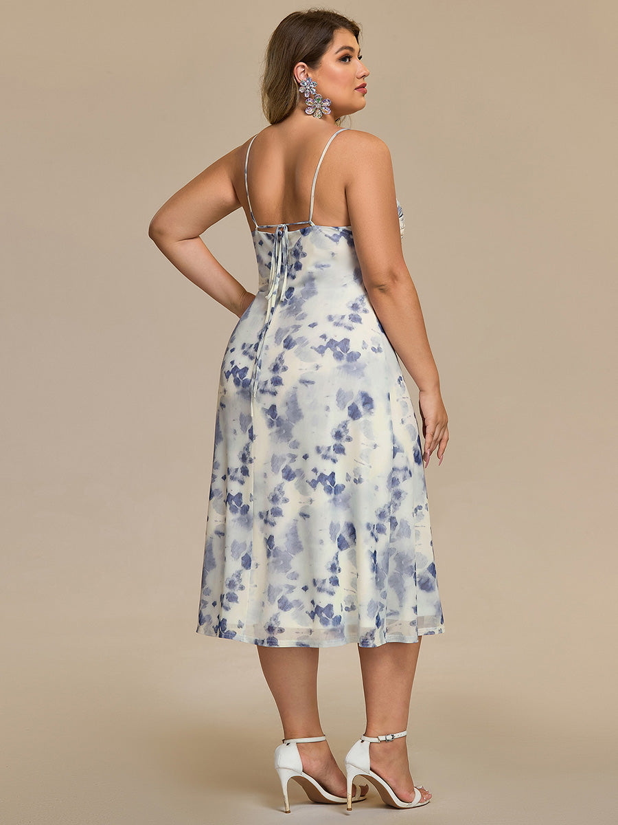 Robe d'invité de mariage trapèze en mousseline fluide à encolure ronde et longueur au genou #Couleur_Floral Bleu