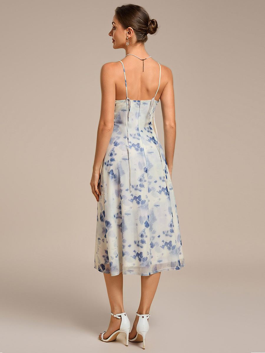 Robe d'invité de mariage trapèze en mousseline fluide à encolure ronde et longueur au genou #Couleur_Floral Bleu