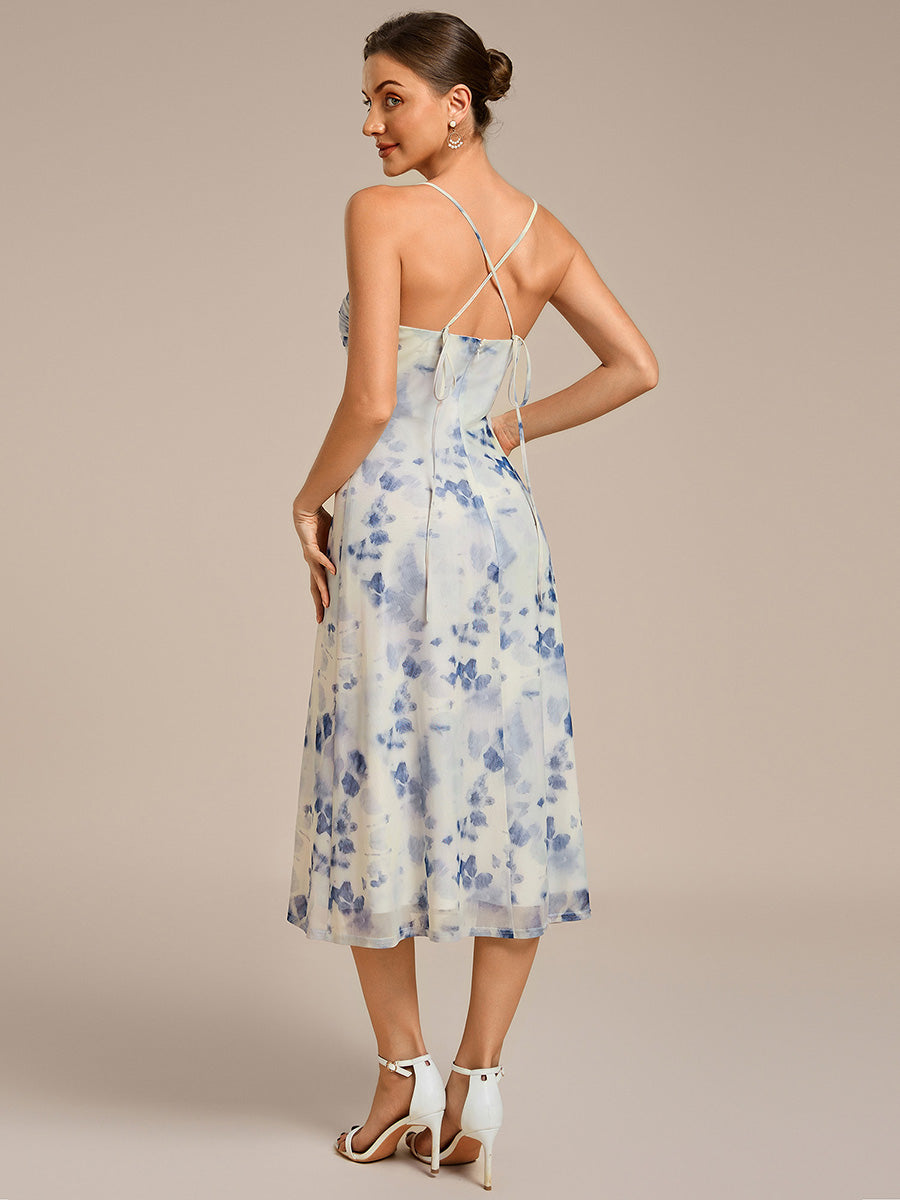 Robe d'invité de mariage trapèze en mousseline fluide à encolure ronde et longueur au genou #Couleur_Floral Bleu