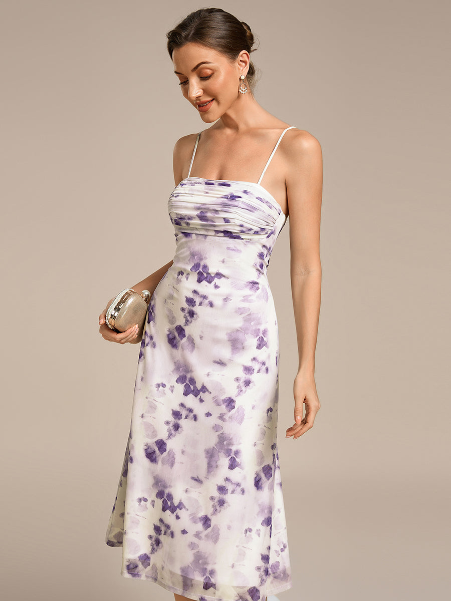 Robe d'invité de mariage trapèze en mousseline fluide à encolure ronde et longueur au genou #Couleur_Imprimé lilas clair