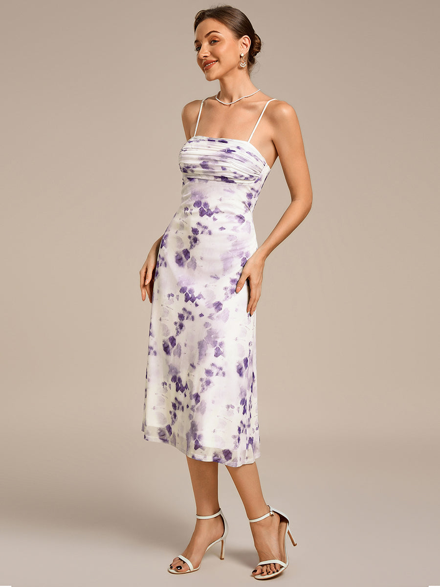 Robe d'invité de mariage trapèze en mousseline fluide à encolure ronde et longueur au genou #Couleur_Imprimé lilas clair