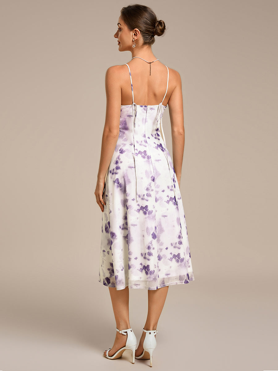 Robe d'invité de mariage trapèze en mousseline fluide à encolure ronde et longueur au genou #Couleur_Imprimé lilas clair