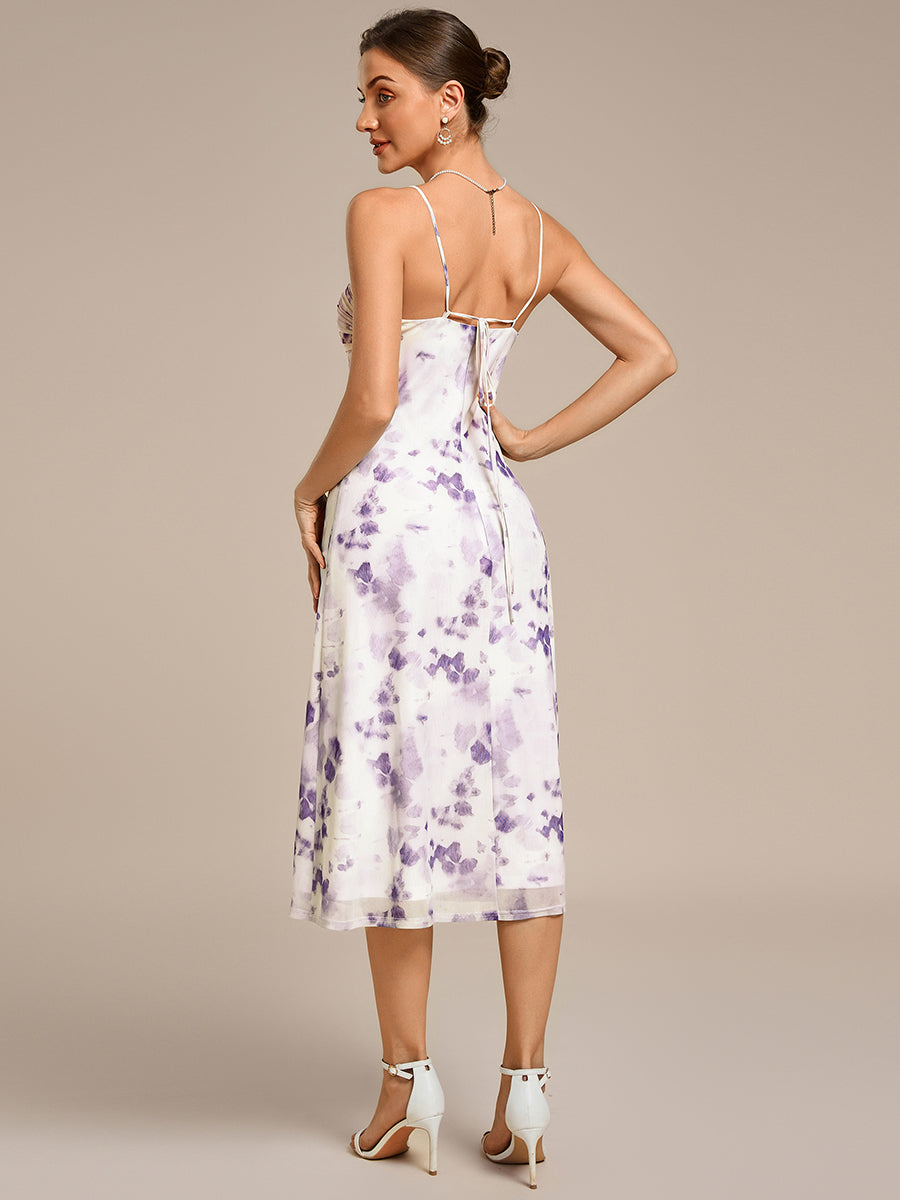 Robe d'invité de mariage trapèze en mousseline fluide à encolure ronde et longueur au genou #Couleur_Imprimé lilas clair