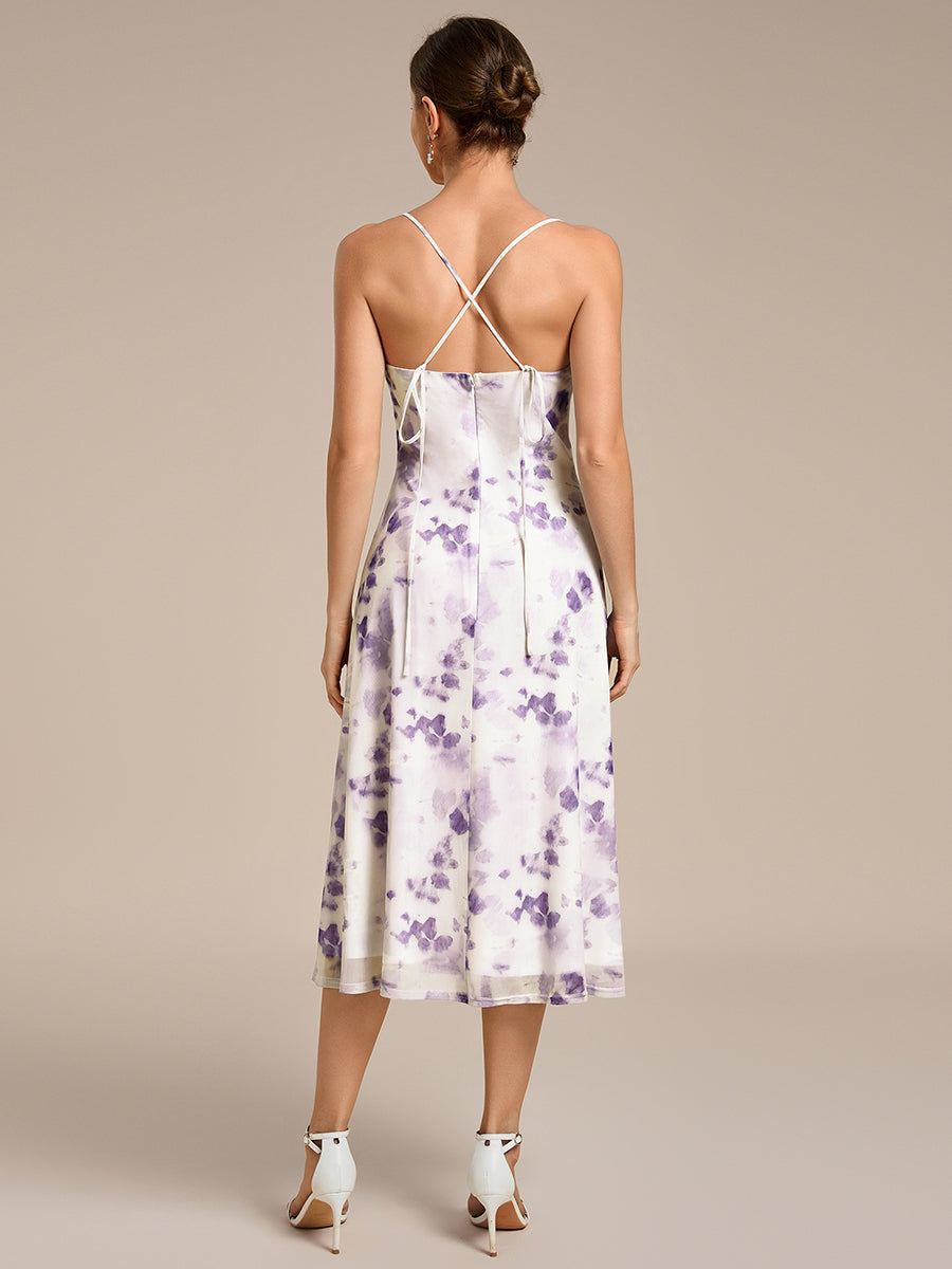 Robe d'invité de mariage trapèze en mousseline fluide à encolure ronde et longueur au genou #Couleur_Imprimé lilas clair