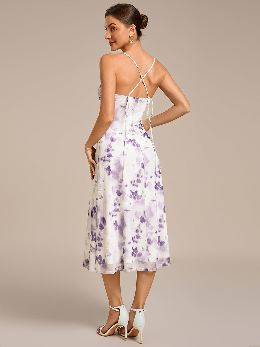 Robe d'invité de mariage trapèze en mousseline fluide à encolure ronde et longueur au genou #Couleur_Imprimé lilas clair