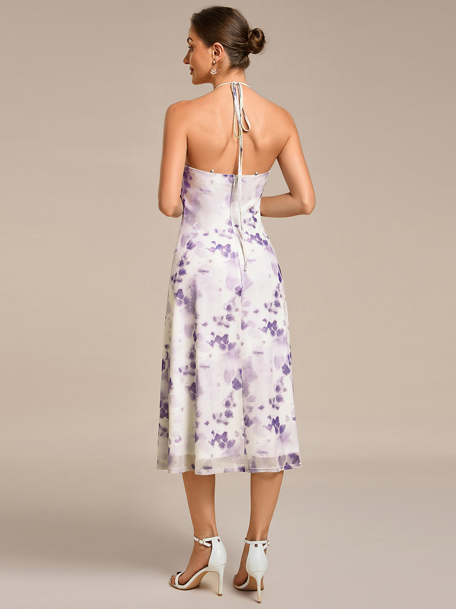 Robe d'invité de mariage trapèze en mousseline fluide à encolure ronde et longueur au genou #Couleur_Imprimé lilas clair