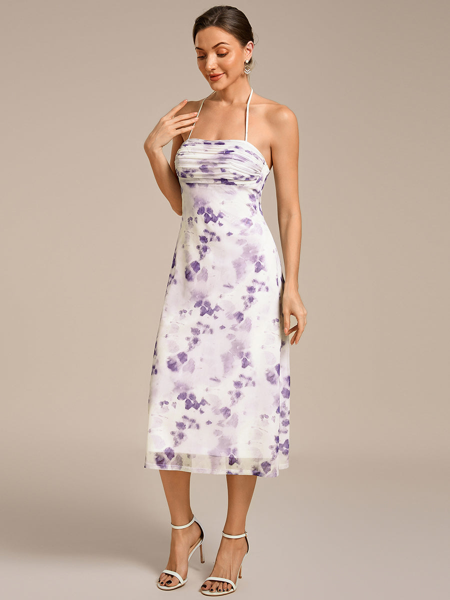 Robe d'invité de mariage trapèze en mousseline fluide à encolure ronde et longueur au genou #Couleur_Imprimé lilas clair