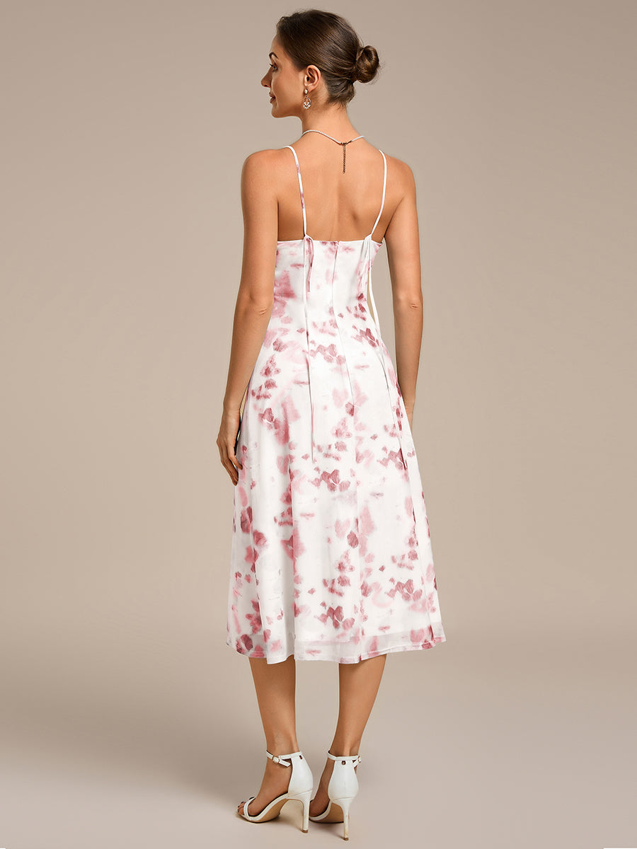 Robe d'invité de mariage trapèze en mousseline fluide à encolure ronde et longueur au genou #Couleur_Imprimé rouge brique