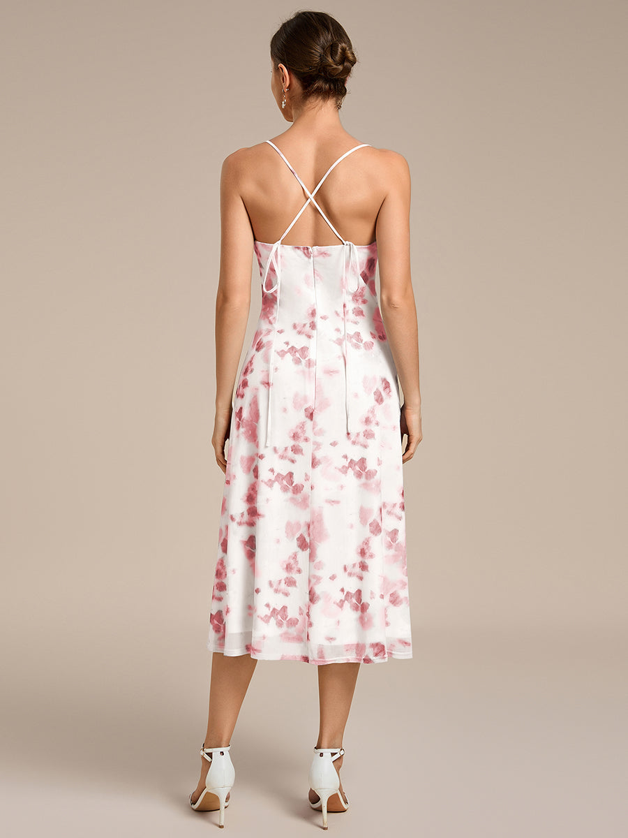 Robe d'invité de mariage trapèze en mousseline fluide à encolure ronde et longueur au genou #Couleur_Imprimé rouge brique