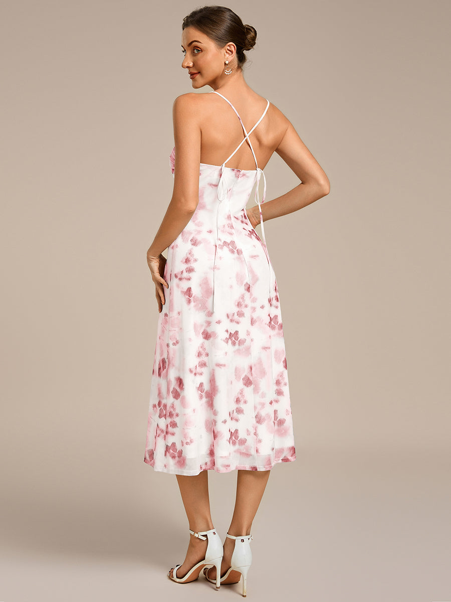 Robe d'invité de mariage trapèze en mousseline fluide à encolure ronde et longueur au genou #Couleur_Imprimé rouge brique