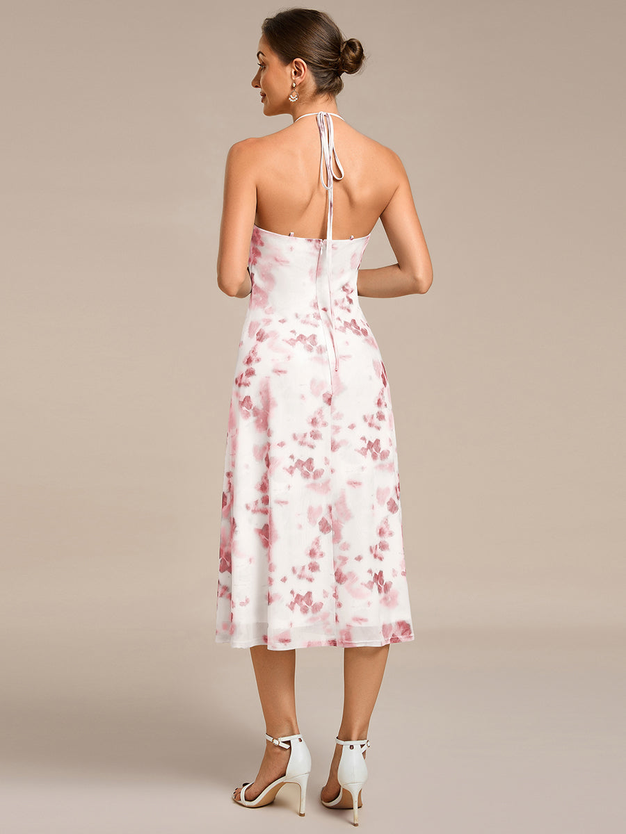 Robe d'invité de mariage trapèze en mousseline fluide à encolure ronde et longueur au genou #Couleur_Imprimé rouge brique