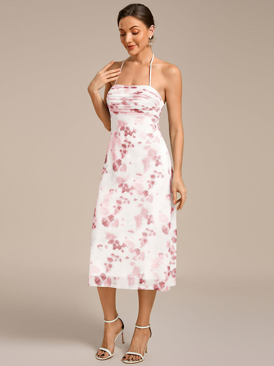 Robe d'invité de mariage trapèze en mousseline fluide à encolure ronde et longueur au genou #Couleur_Imprimé rouge brique