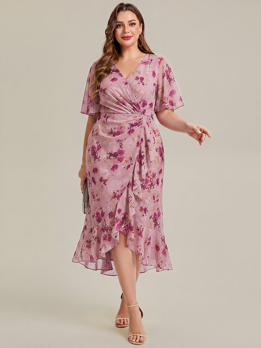 Robe d'invité de mariage trapèze en mousseline fluide à encolure ronde et longueur au genou #Couleur_Imprimé Violet Clair