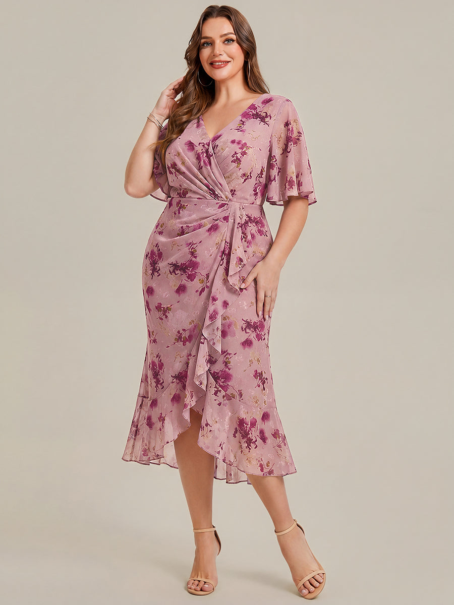 Robe d'invité de mariage trapèze en mousseline fluide à encolure ronde et longueur au genou #Couleur_Imprimé Violet Clair