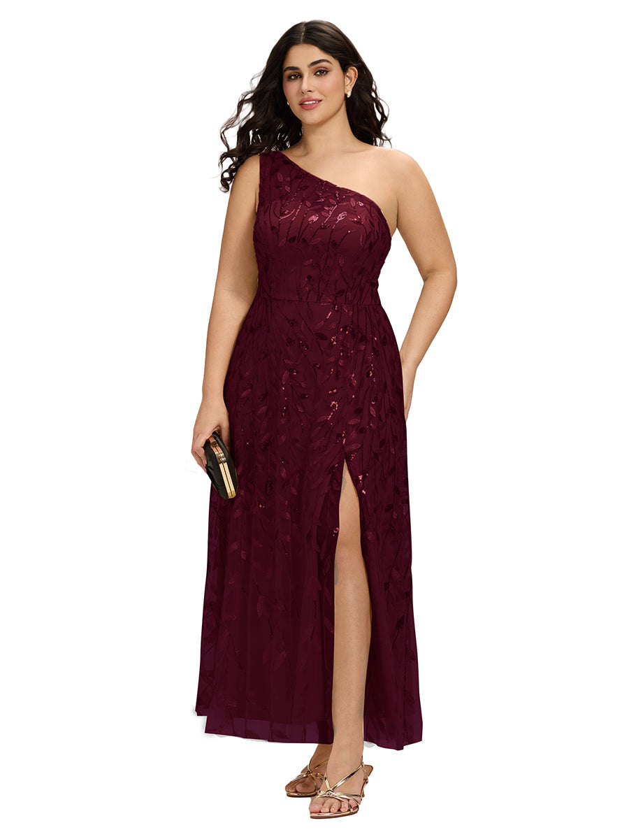 Robe d'invitée de mariage à une épaule et à paillettes avec rubans fluides #Couleur_Bordeaux