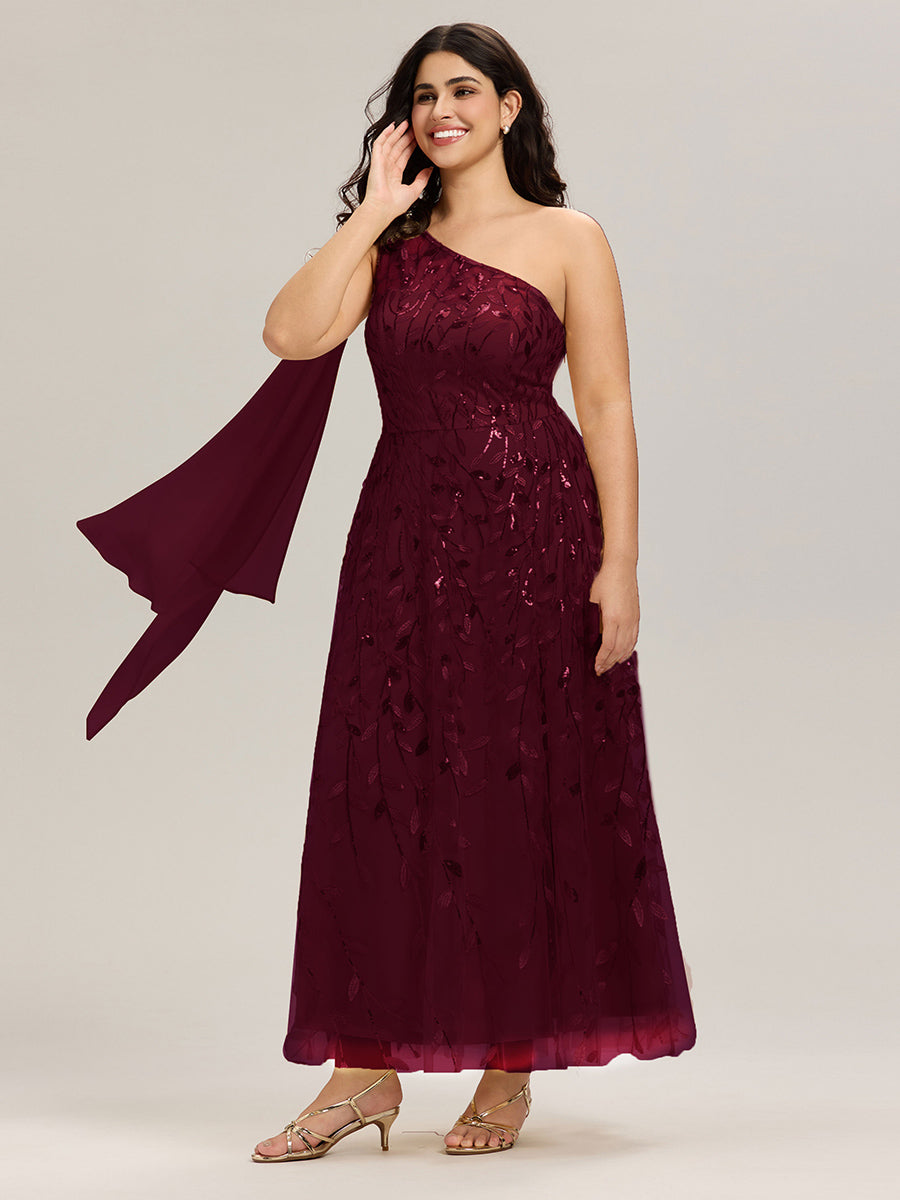 Robe d'invitée de mariage à une épaule et à paillettes avec rubans fluides #Couleur_Bordeaux