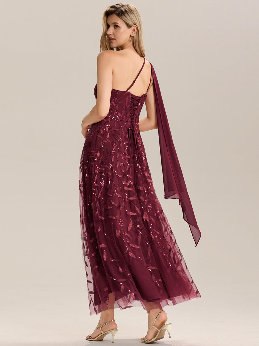 Robe d'invitée de mariage à une épaule et à paillettes avec rubans fluides #Couleur_Bordeaux