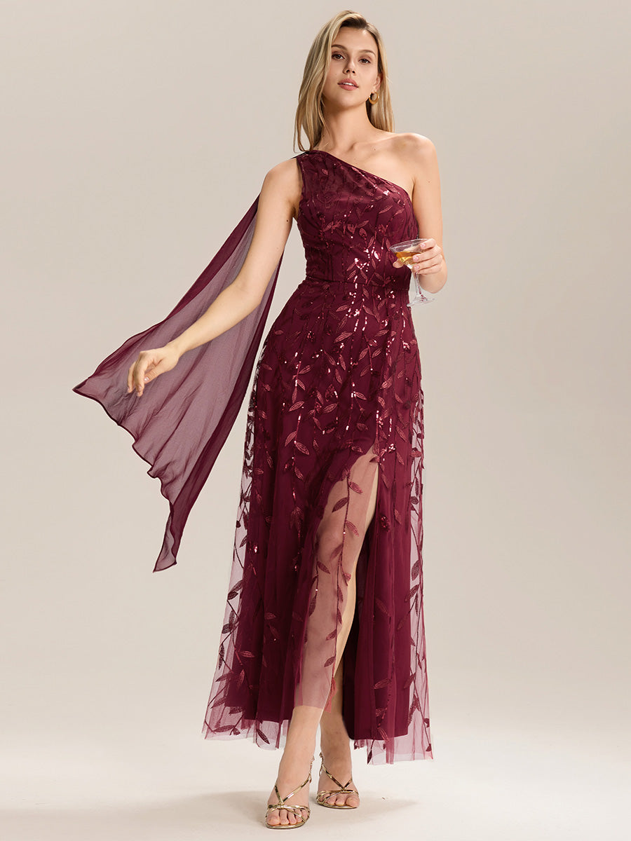 Robe d'invitée de mariage à une épaule et à paillettes avec rubans fluides #Couleur_Bordeaux