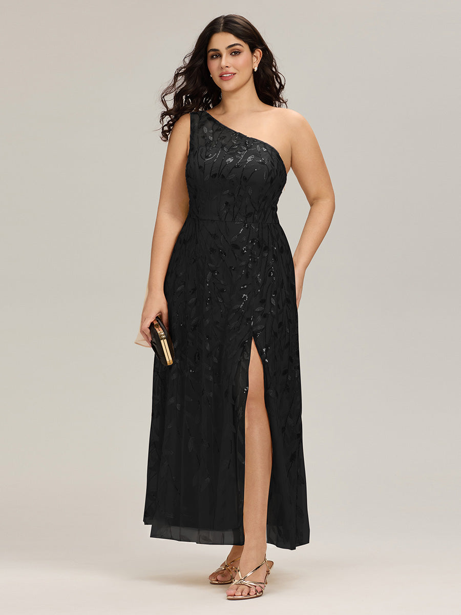 Robe d'invitée de mariage à une épaule et à paillettes avec rubans fluides #Couleur_Noir