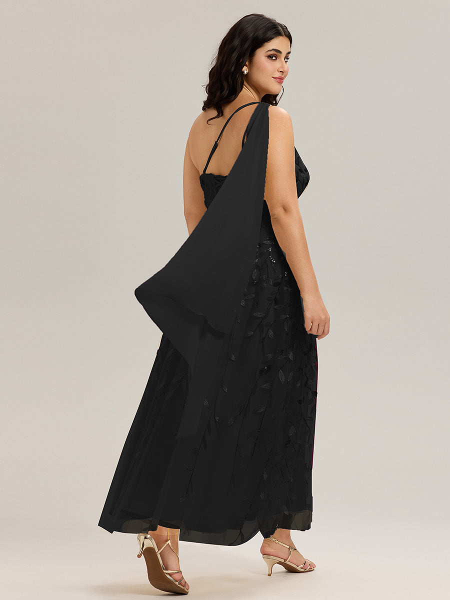 Robe d'invitée de mariage à une épaule et à paillettes avec rubans fluides #Couleur_Noir