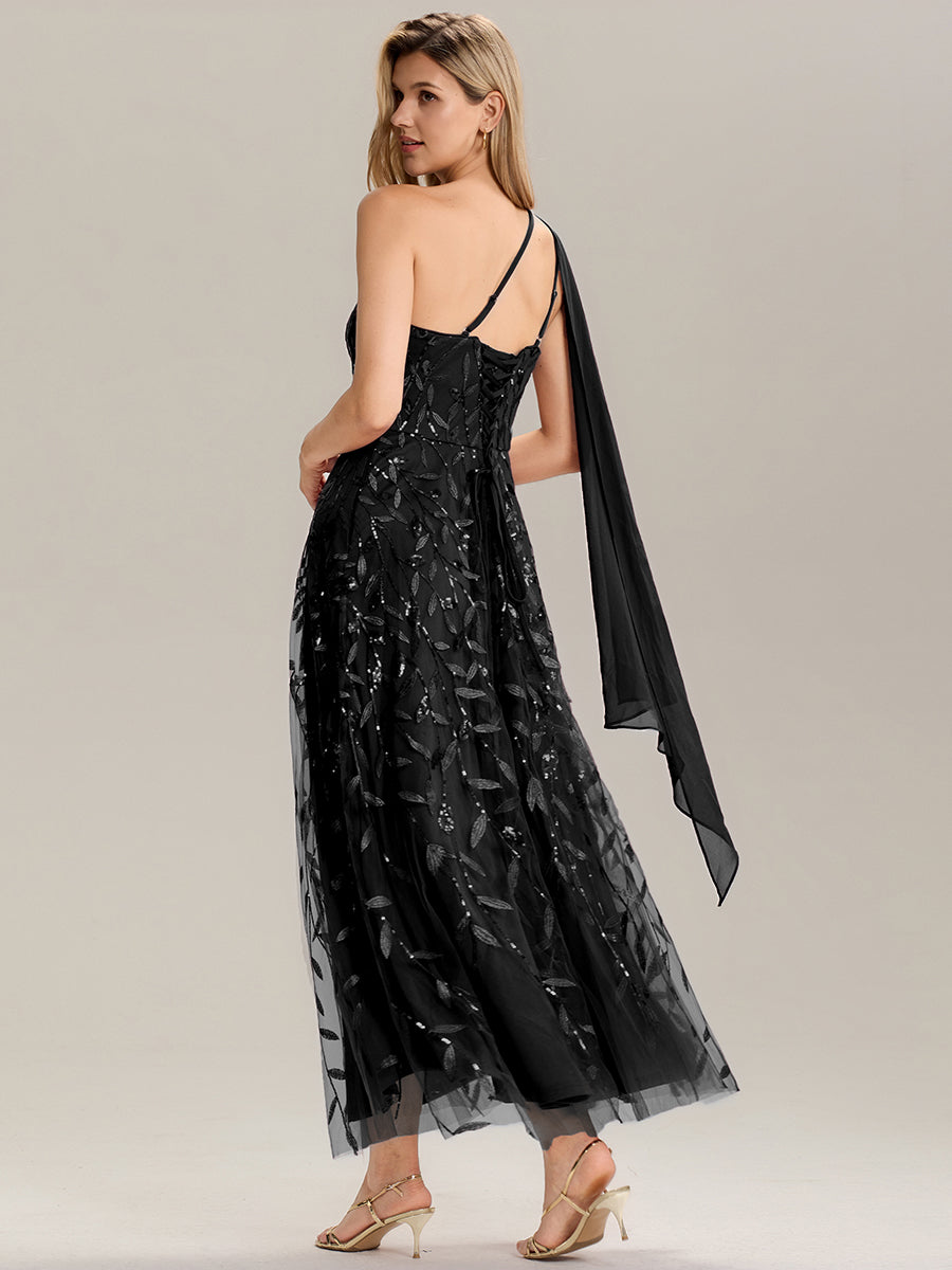 Robe d'invitée de mariage à une épaule et à paillettes avec rubans fluides #Couleur_Noir