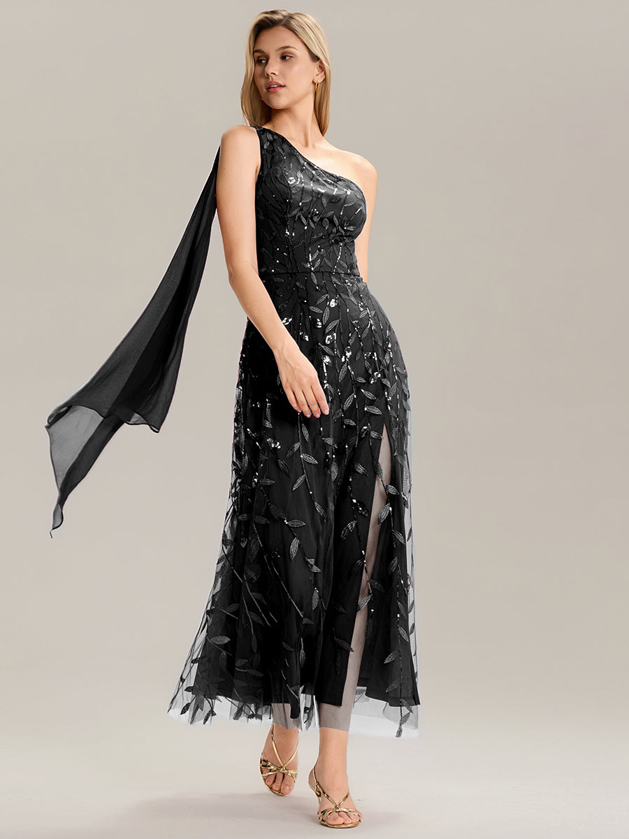 Robe d'invitée de mariage à une épaule et à paillettes avec rubans fluides #Couleur_Noir