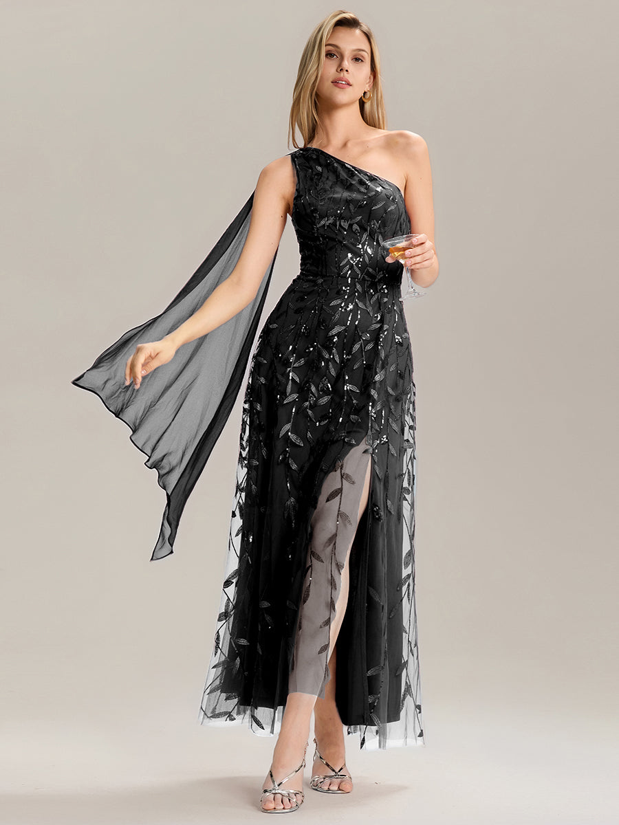 Robe d'invitée de mariage à une épaule et à paillettes avec rubans fluides #Couleur_Noir