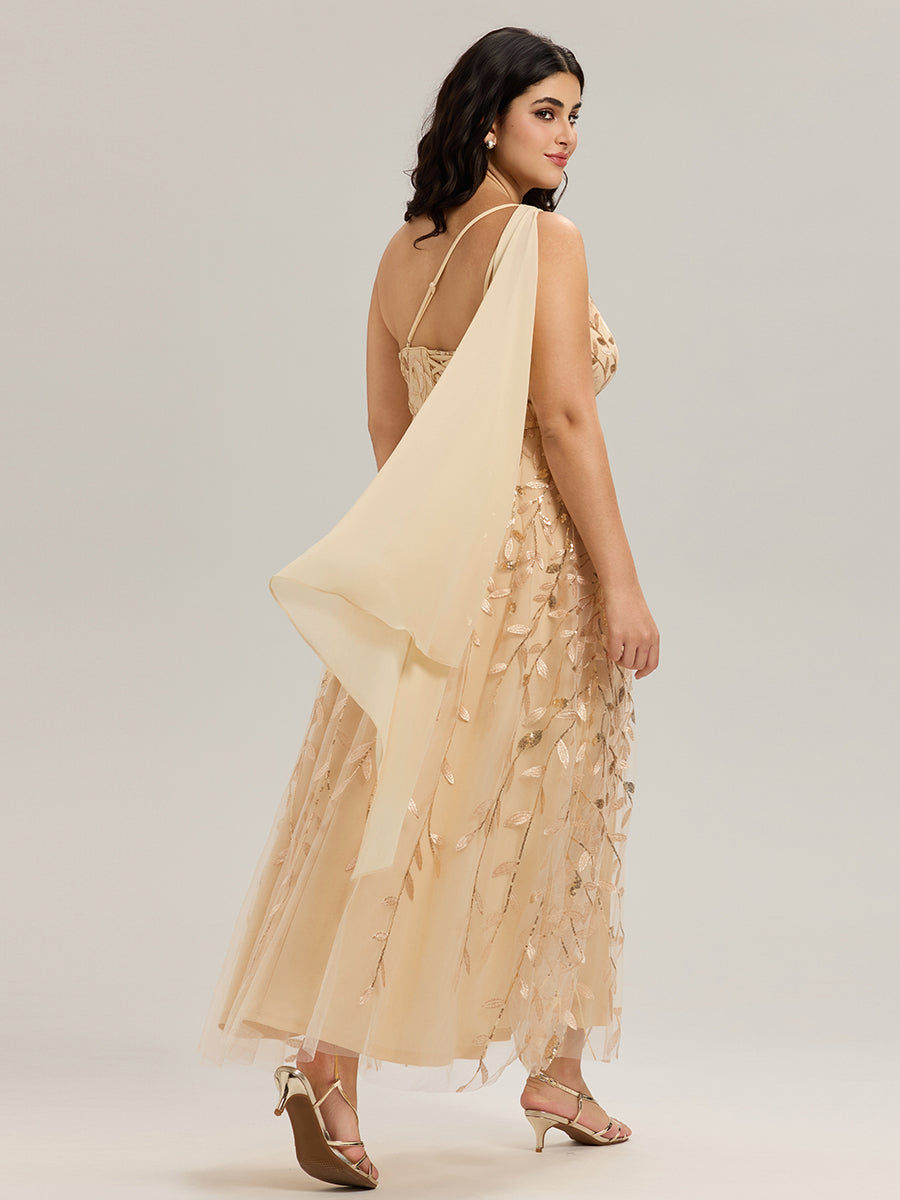 Robe d'invitée de mariage à une épaule et à paillettes avec rubans fluides #Couleur_Dorée