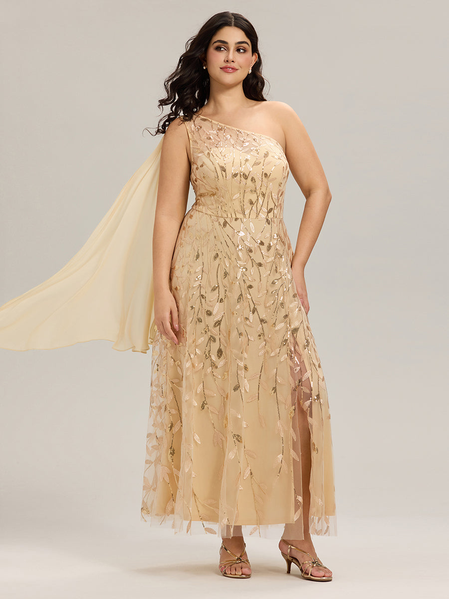 Robe d'invitée de mariage à une épaule et à paillettes avec rubans fluides #Couleur_Dorée