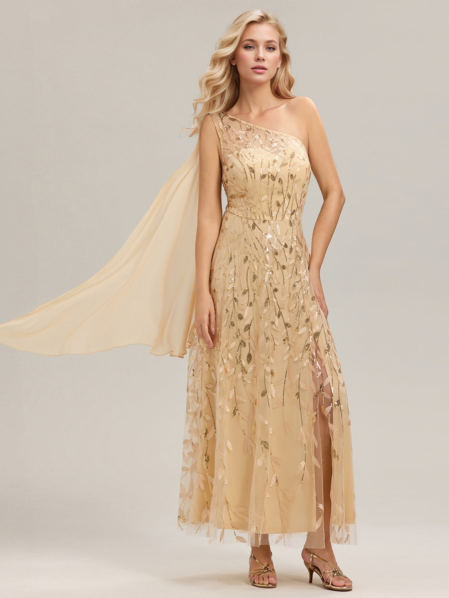 Robe d'invitée de mariage à une épaule et à paillettes avec rubans fluides #Couleur_Dorée