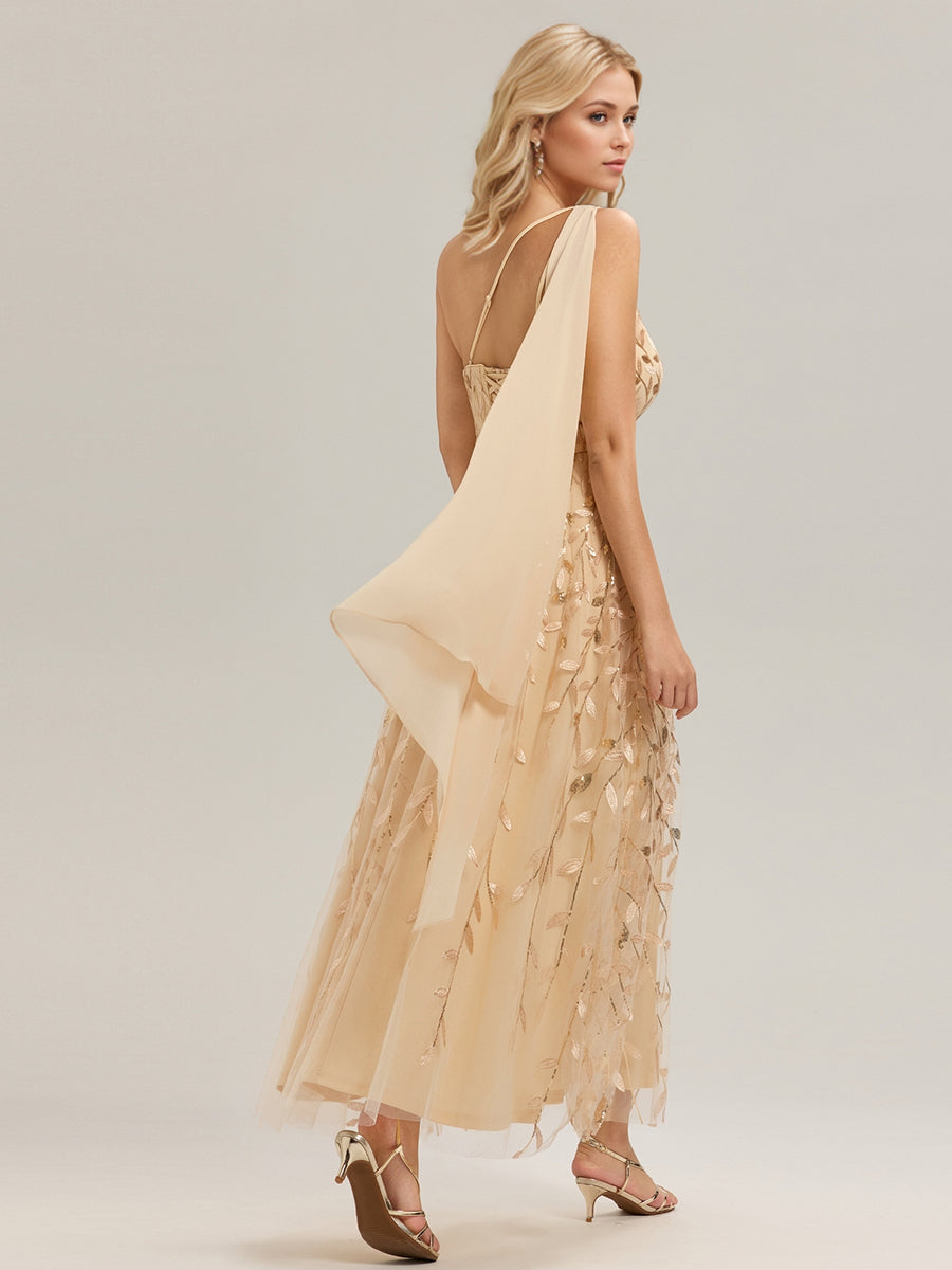 Robe d'invitée de mariage à une épaule et à paillettes avec rubans fluides #Couleur_Dorée