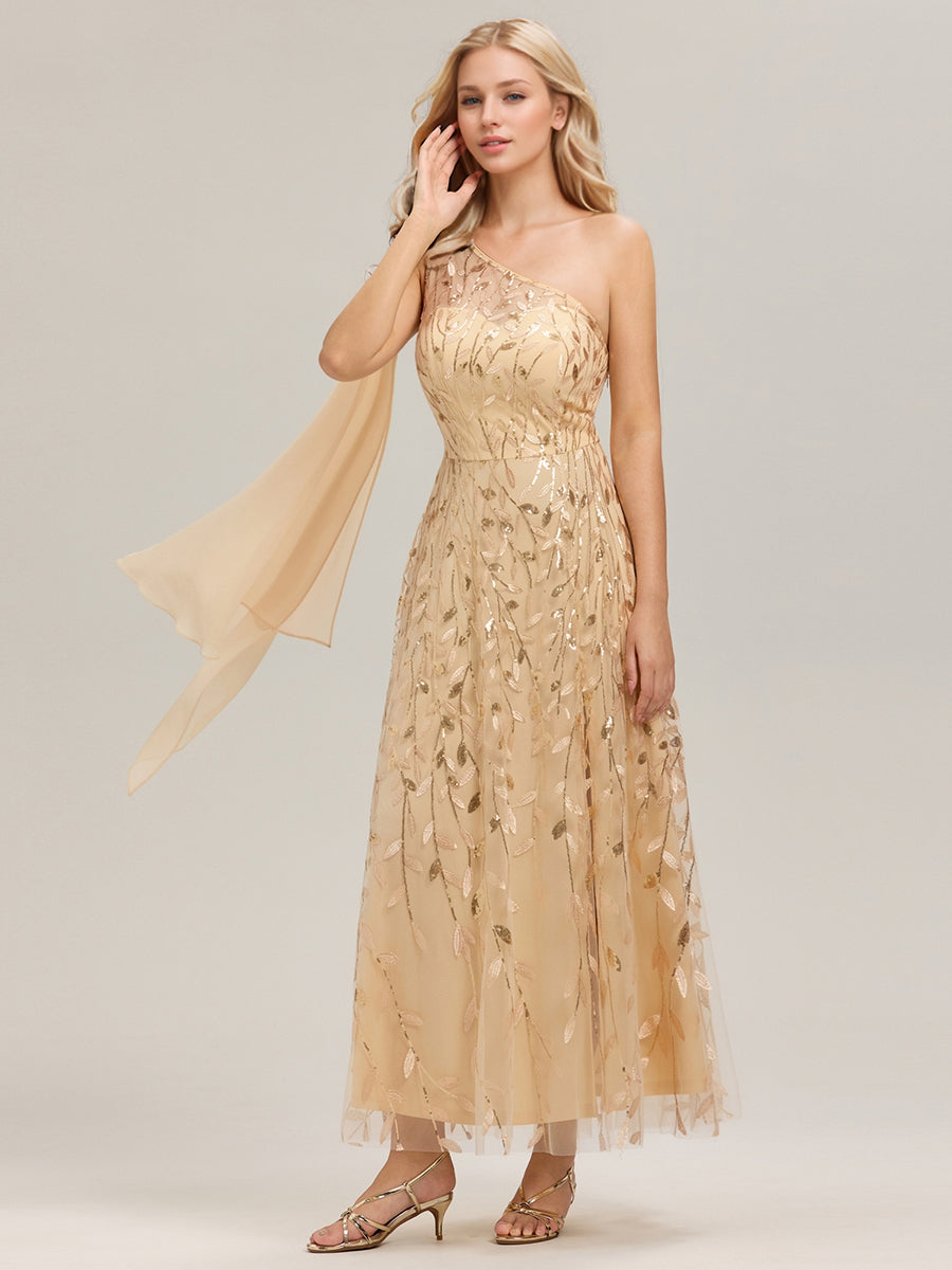 Robe d'invitée de mariage à une épaule et à paillettes avec rubans fluides #Couleur_Dorée