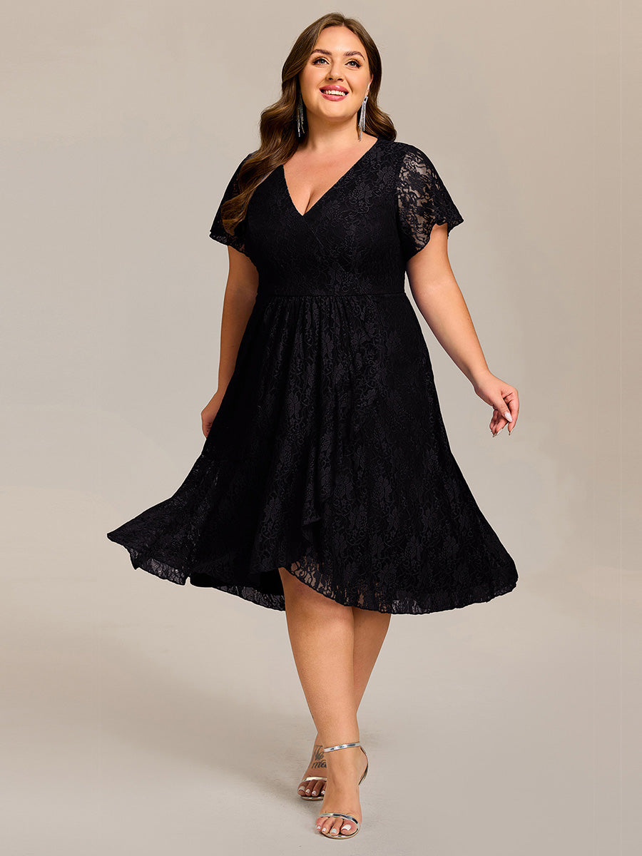 Robe d'invitée de mariage avec col en V et manches volantées en dentelle et feuille de lotus #Couleur_Noir
