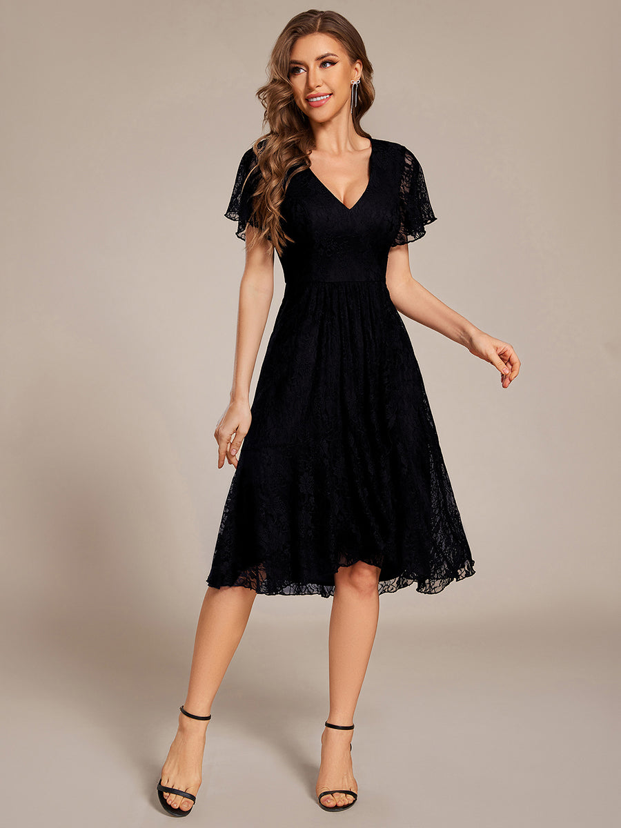 Robe d'invitée de mariage avec col en V et manches volantées en dentelle et feuille de lotus #Couleur_Noir