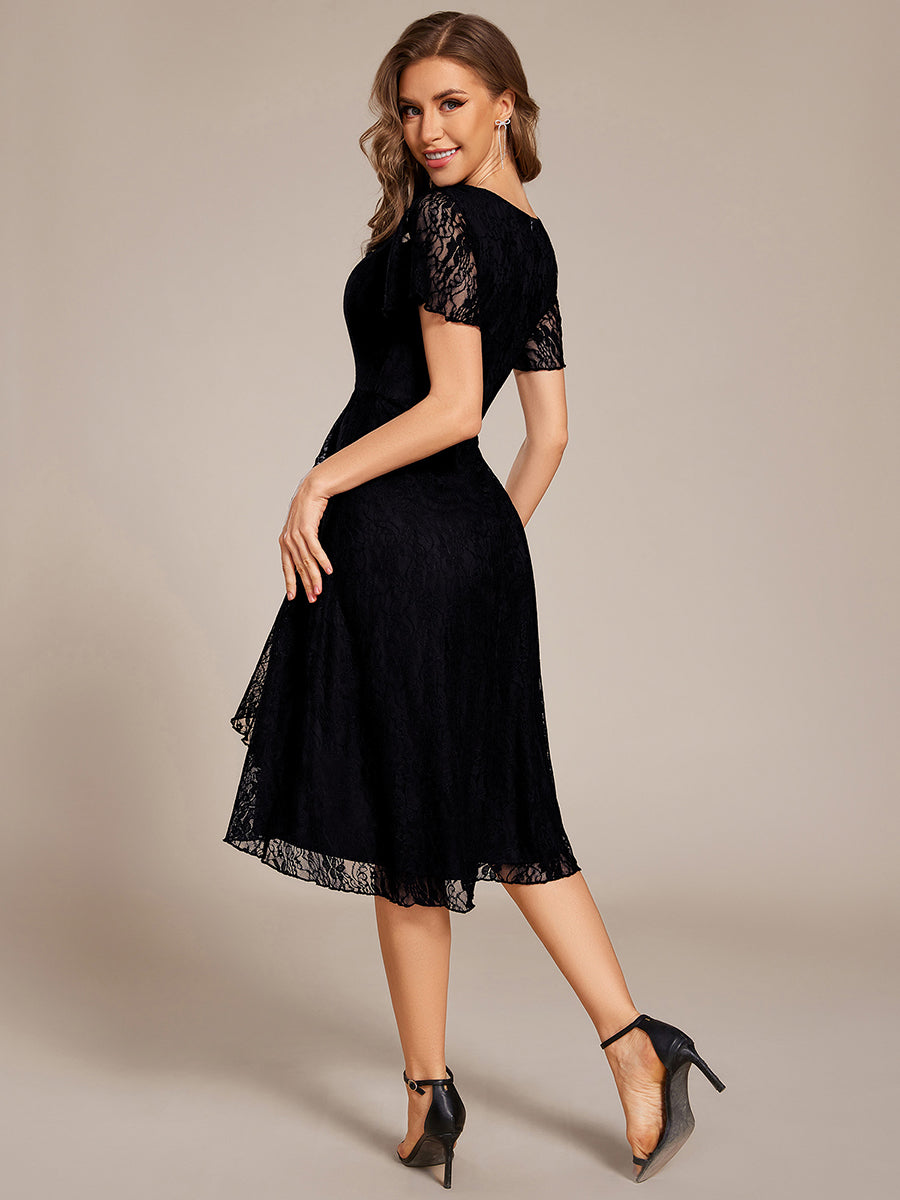 Robe d'invitée de mariage avec col en V et manches volantées en dentelle et feuille de lotus #Couleur_Noir