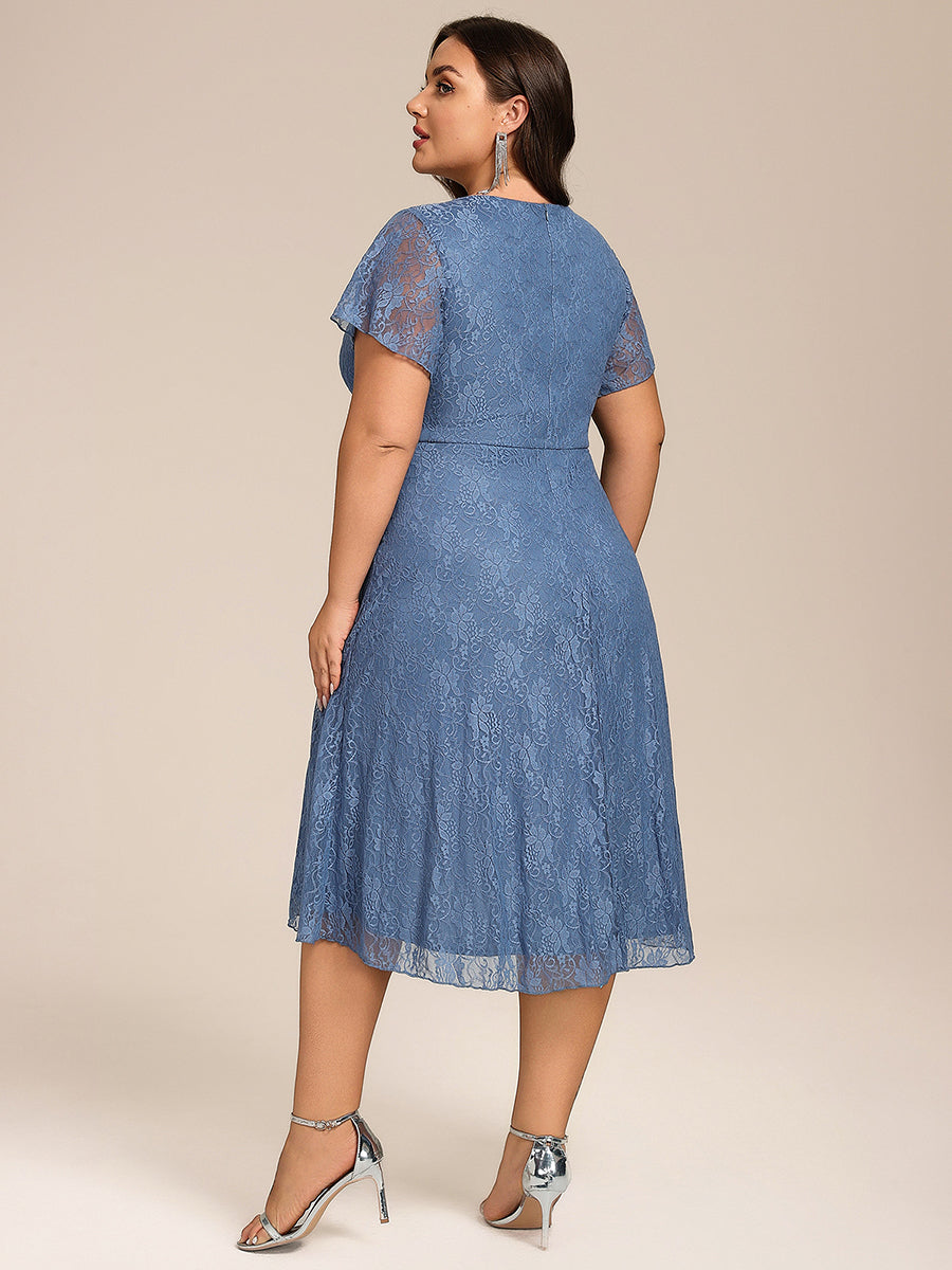 Robe d'invitée de mariage avec col en V et manches volantées en dentelle et feuille de lotus #Couleur_Marine Fume